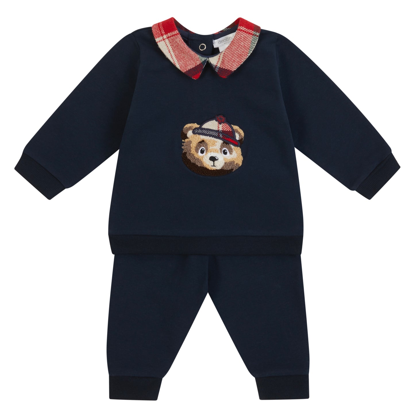 Deolinda boys navy tracksuit with tartan collar and bear detail 