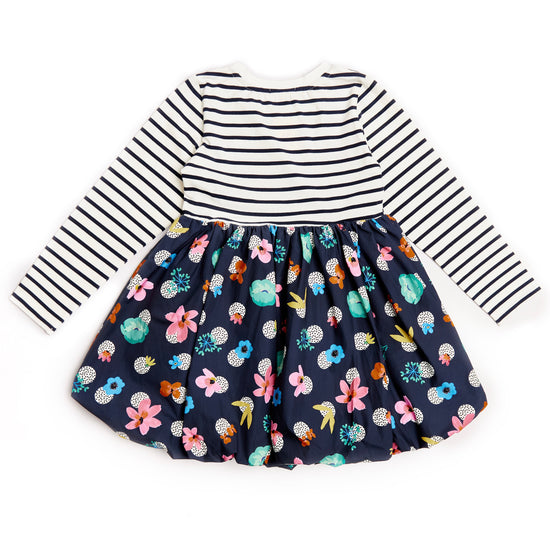 Catimini girls puffball dress with striped top half and navy lower half 