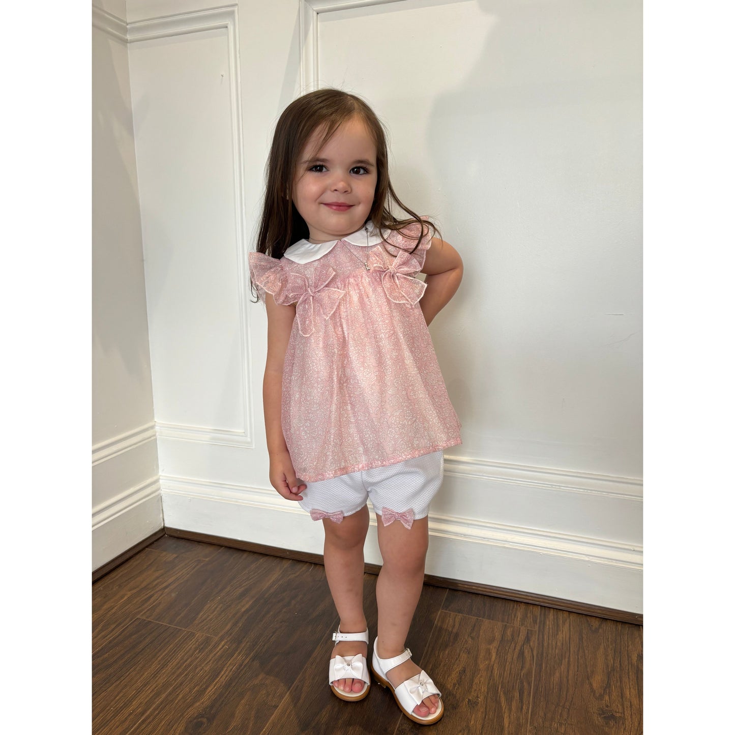 Baby girls pink chiffon blouse and white shorts by Piccola Speranza - Adora Childrenswear 