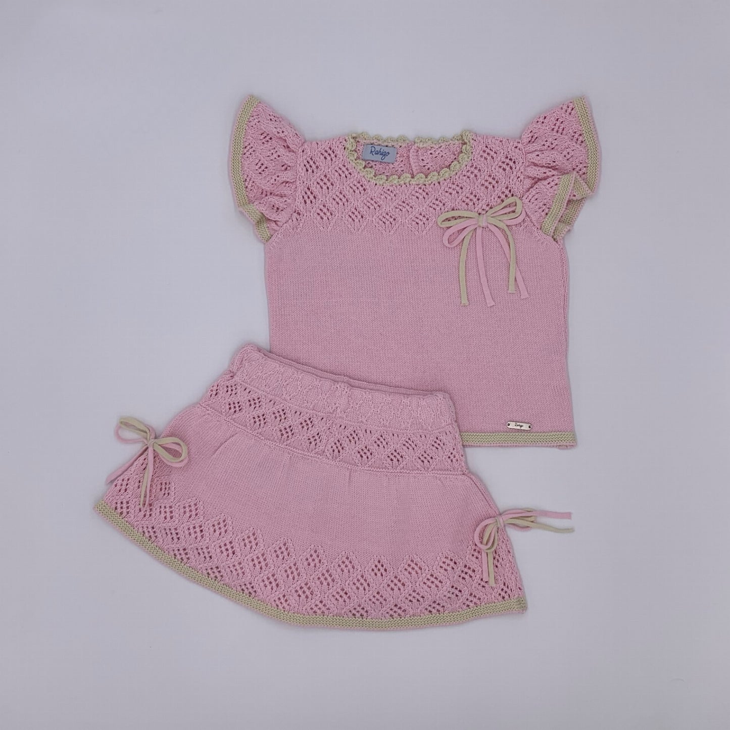 Pink and cream knitted skirt and jumper for girls by Rahigo - Adora