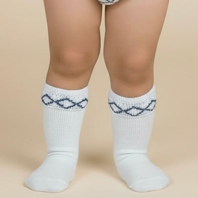 Rahigo SS26 white and navy check knee socks for boys 