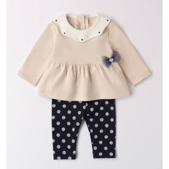 Baby girls beige and navy leggings set with scalloped collar on the blouse - Adora Childrenswear 