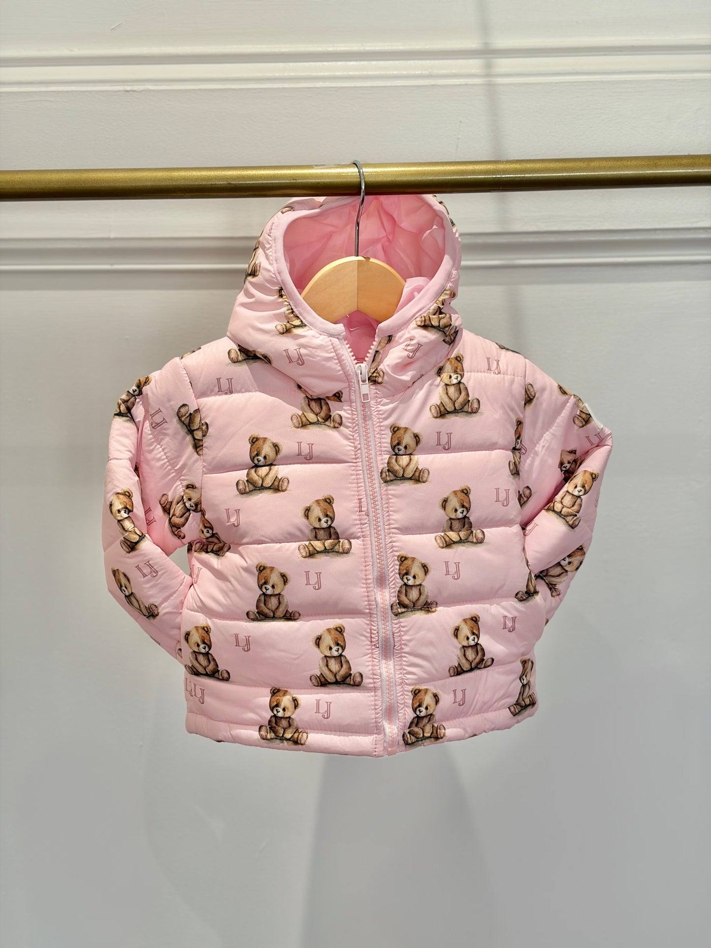 Arlo bear pink padded coat with Arlo bear print 