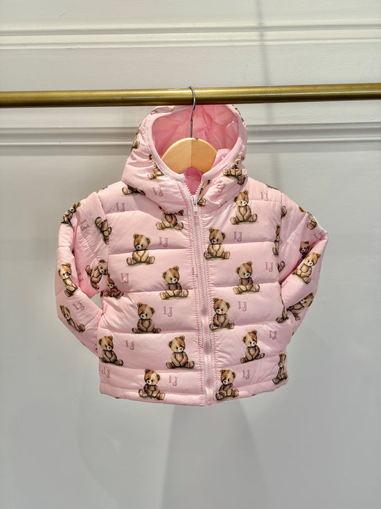 Arlo bear pink padded coat with Arlo bear print 