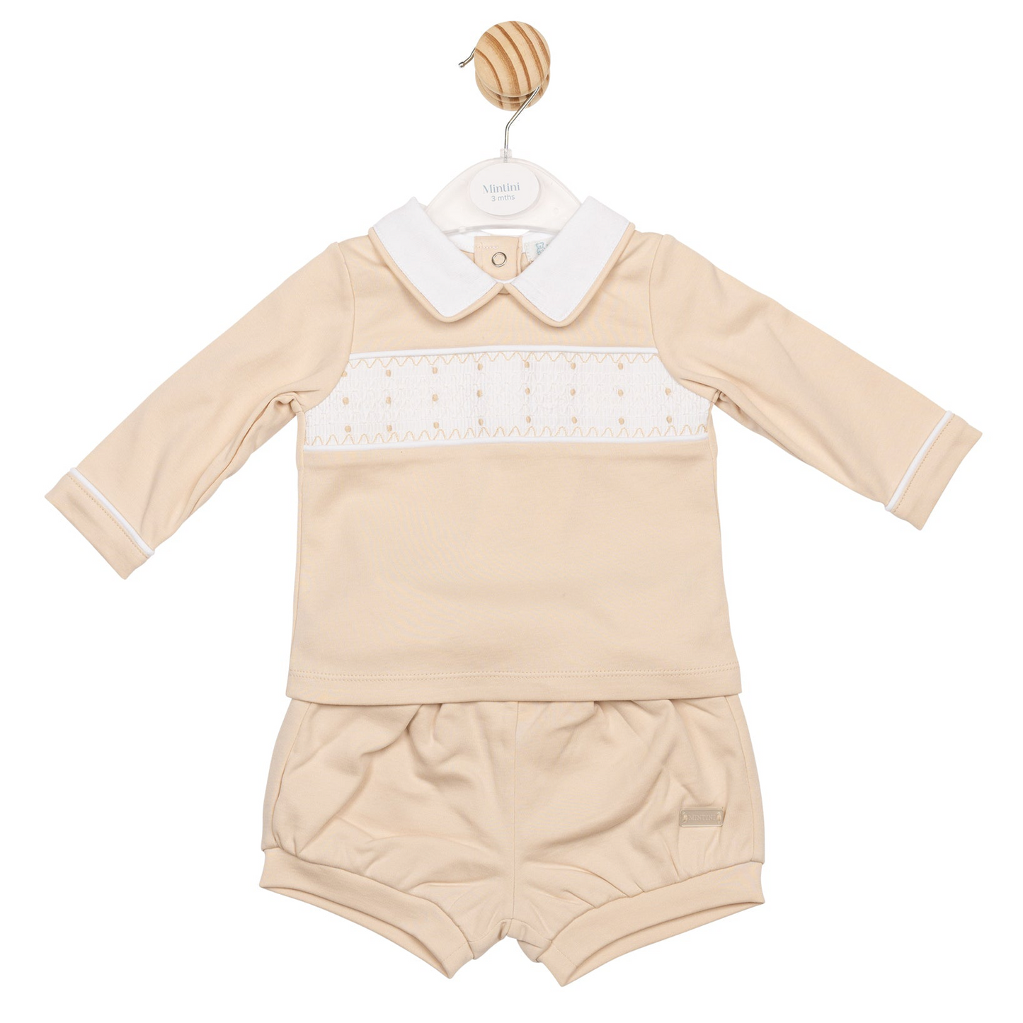 Mintini baby boys beige smocked shorts set