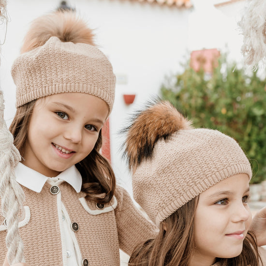 Camel knitted kids beret with large fur pom pom, new from Rahigo for Winter 2024 