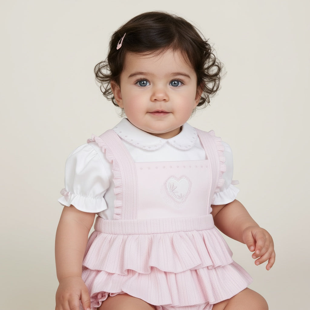 Baby girls pale pink ruffle romper with white cotton blouse by Pastels & Co 