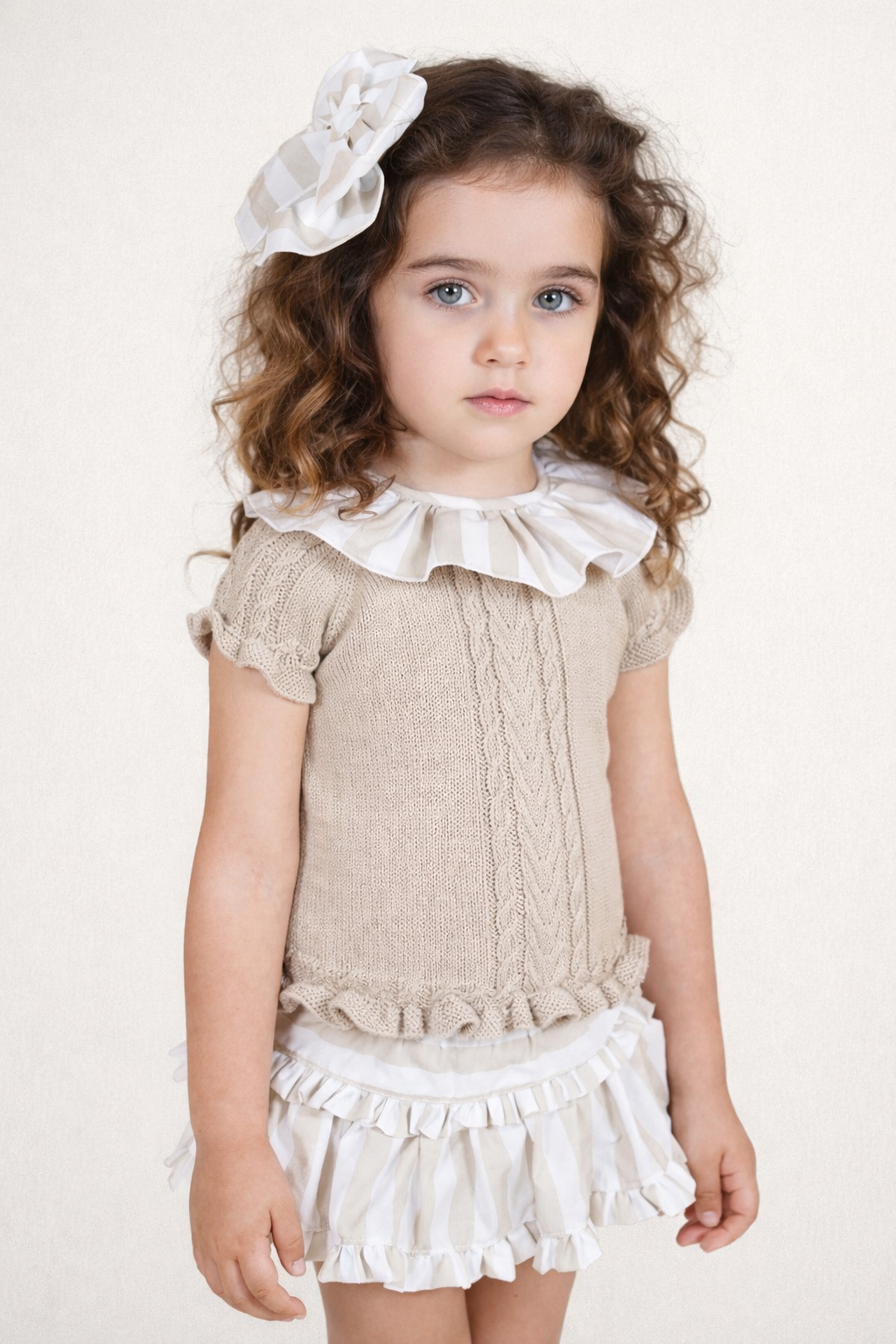 Rahigo SS26 girls camel and white striped cotton jam pants and camel fine knit blouse with large frill collar 