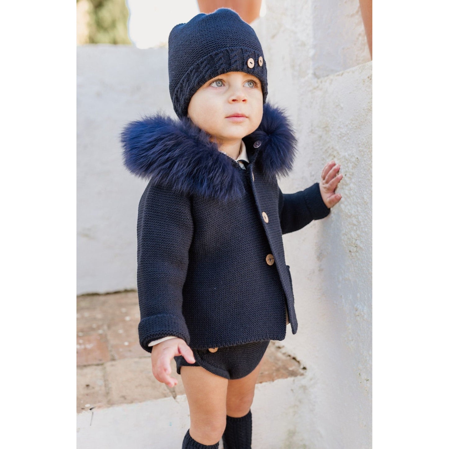 Navy Knitted Cardigan Jacket With Fur Hood Rahigo Clothing Adora Childrenswear