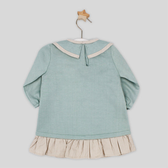 Rapife girls green dress with neutral gingham piping 