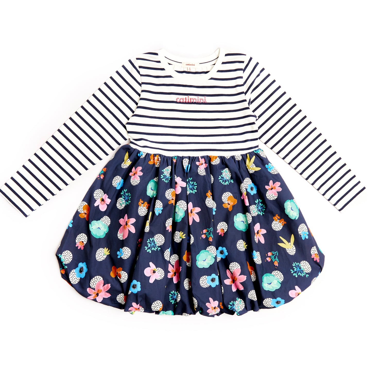 Catimini girls puffball dress with striped top half and navy lower half 