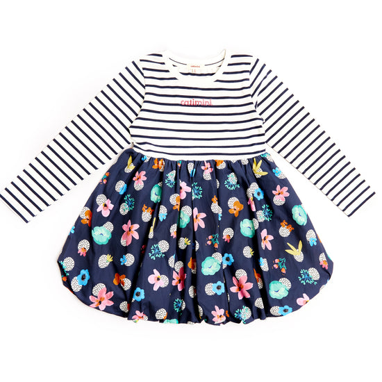 Catimini girls puffball dress with striped top half and navy lower half 