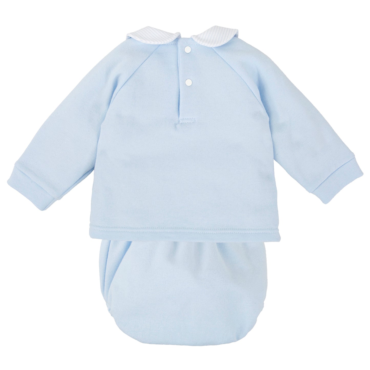Babidu pale blue jam pants set for boys with pinstripe collar and car detail on the front 