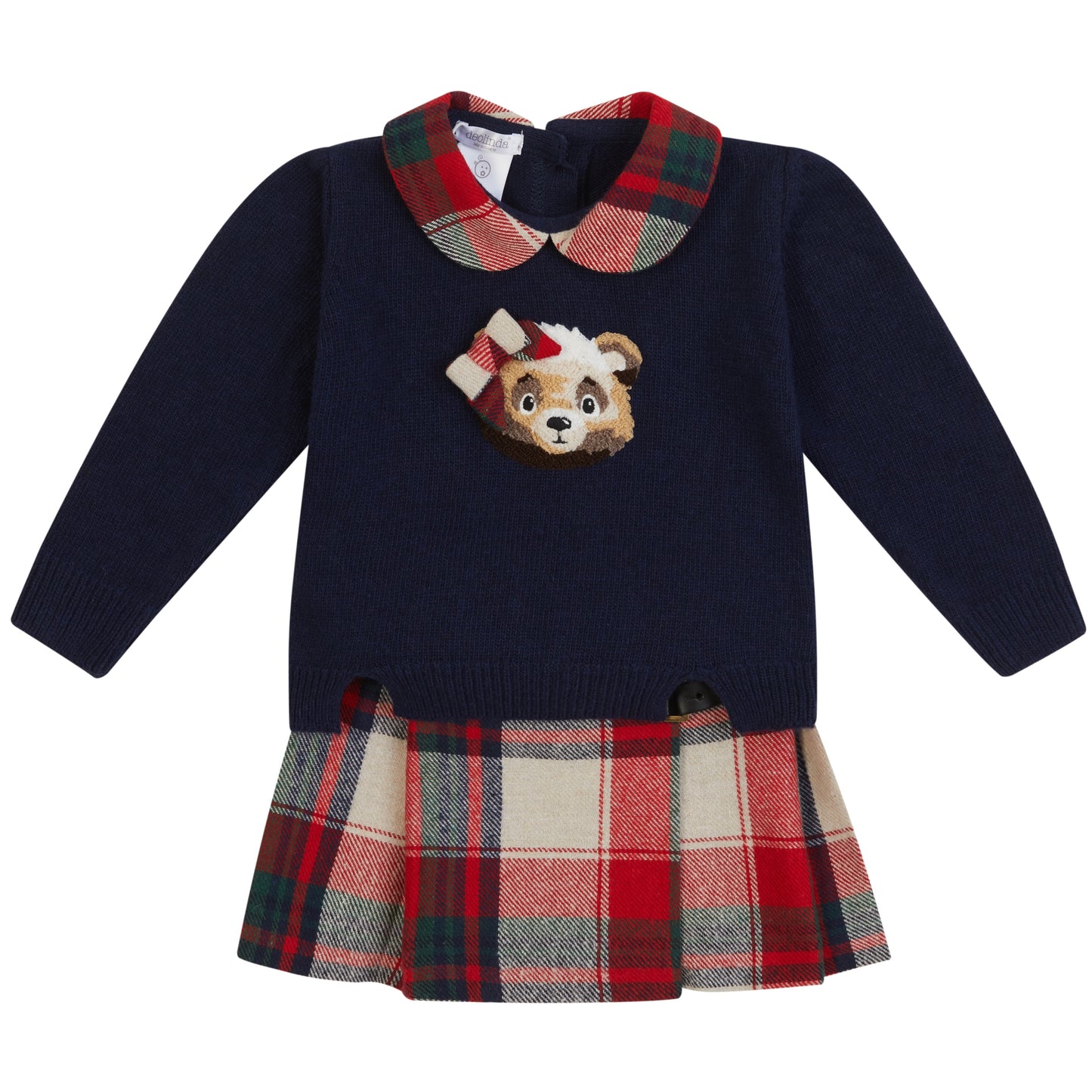 Deolinda girls navy knitted jumper with tartan collar and bear detail and tartan pleated skirt 