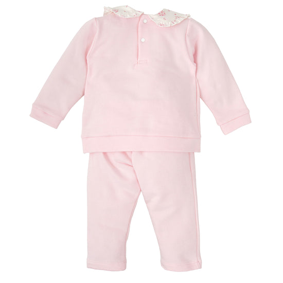Babidu girls pink cotton tracksuit with floral detailing 