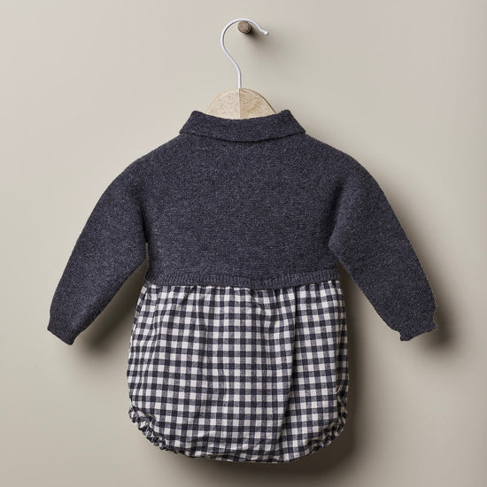 Baby boys Wedoble half knit grey gingham romper - Adora Childrenswear 