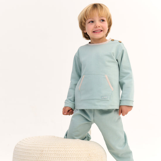 Rapife boys green jogging suit with neutral gingham piping 