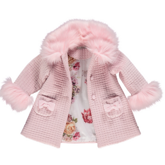 Piccola Speranza girls pink velvet coat with pink fur collar - Adora Childrenswear 