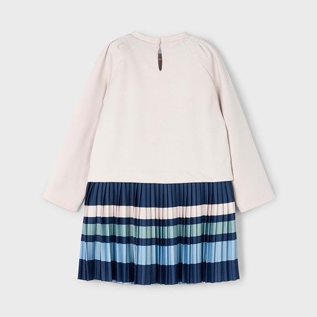 Mayoral girls beige and navy striped dress with pleated skirt 