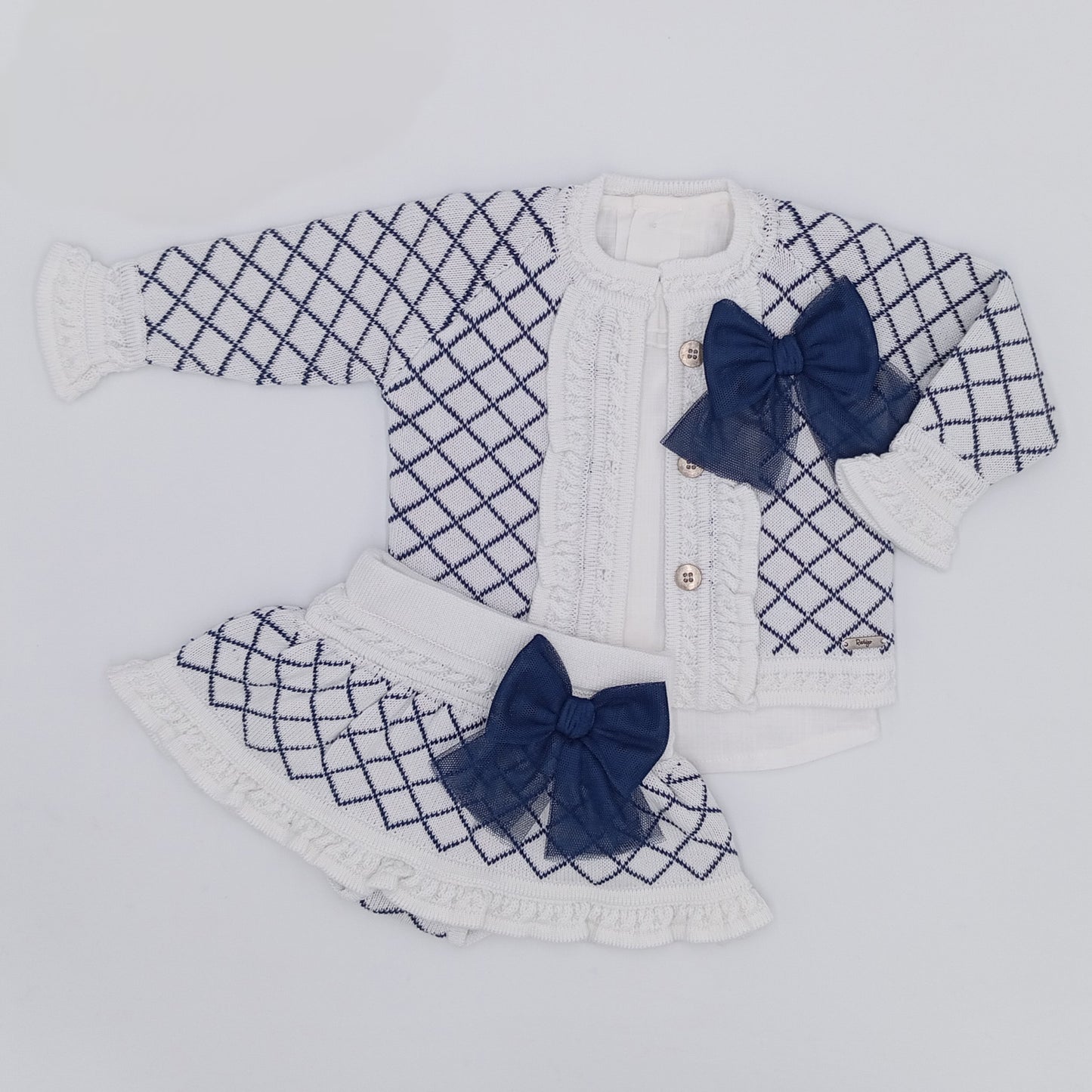 Rahigo SS26 girls white and navy check jam pants and cardigan and white cotton blouse 