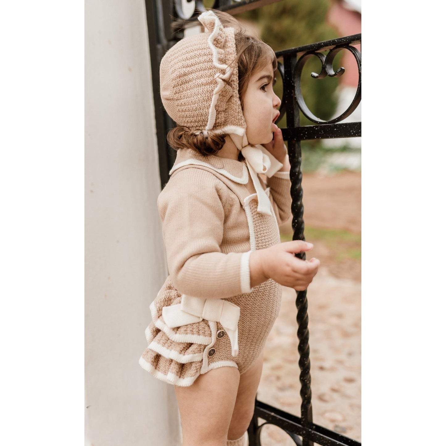 Baby girls Rahigo romper outfit in camel with cream detailing - Adora 