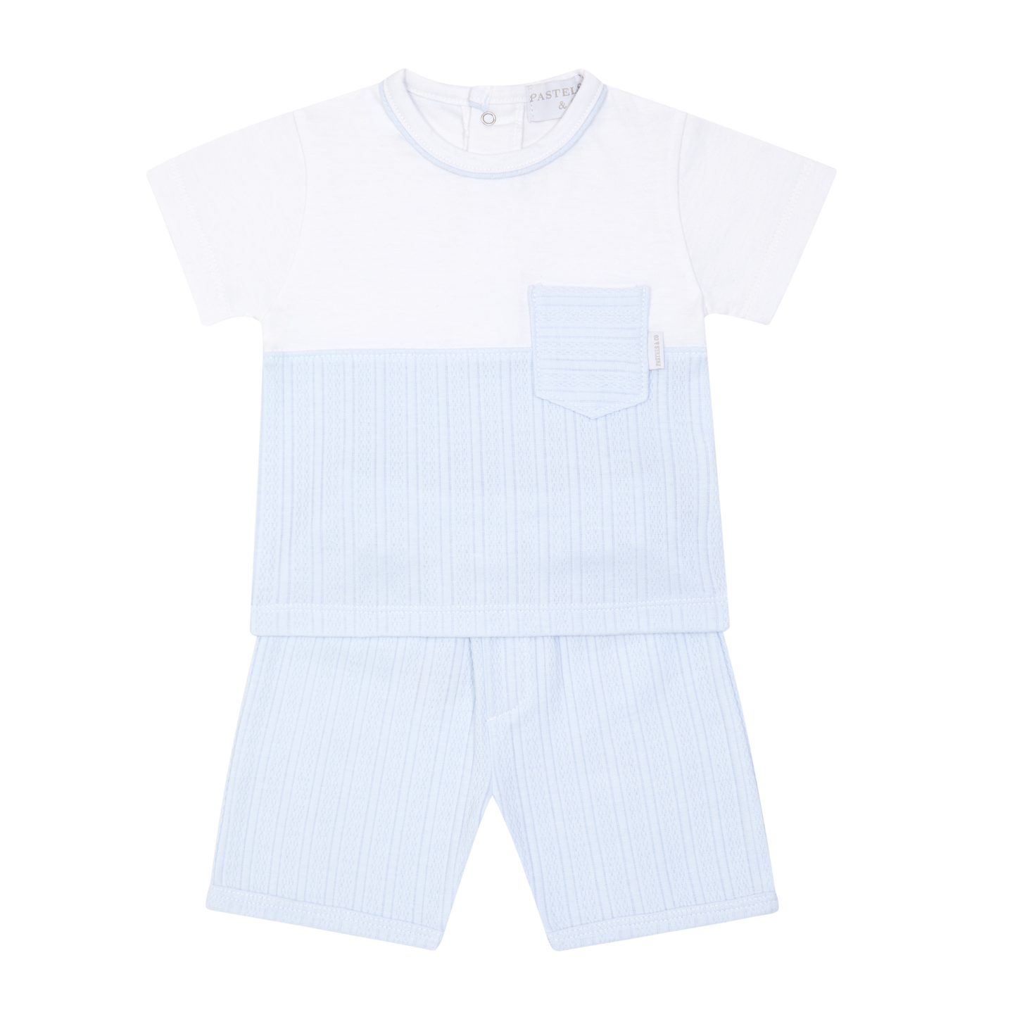 Boys pale blue and white summer shorts set from Pastels & Co