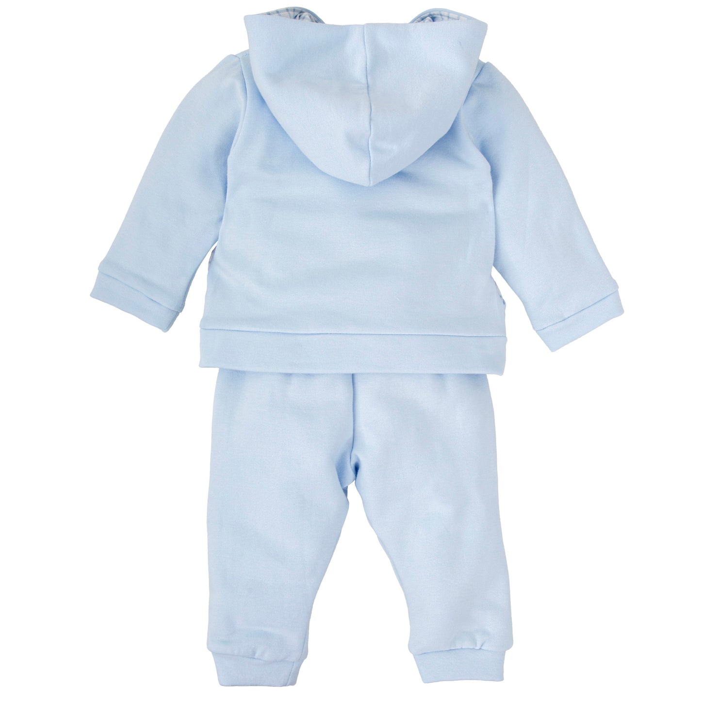 Babidu AW25 boys pale blue cotton tracksuit with hood and check detailing on pockets 