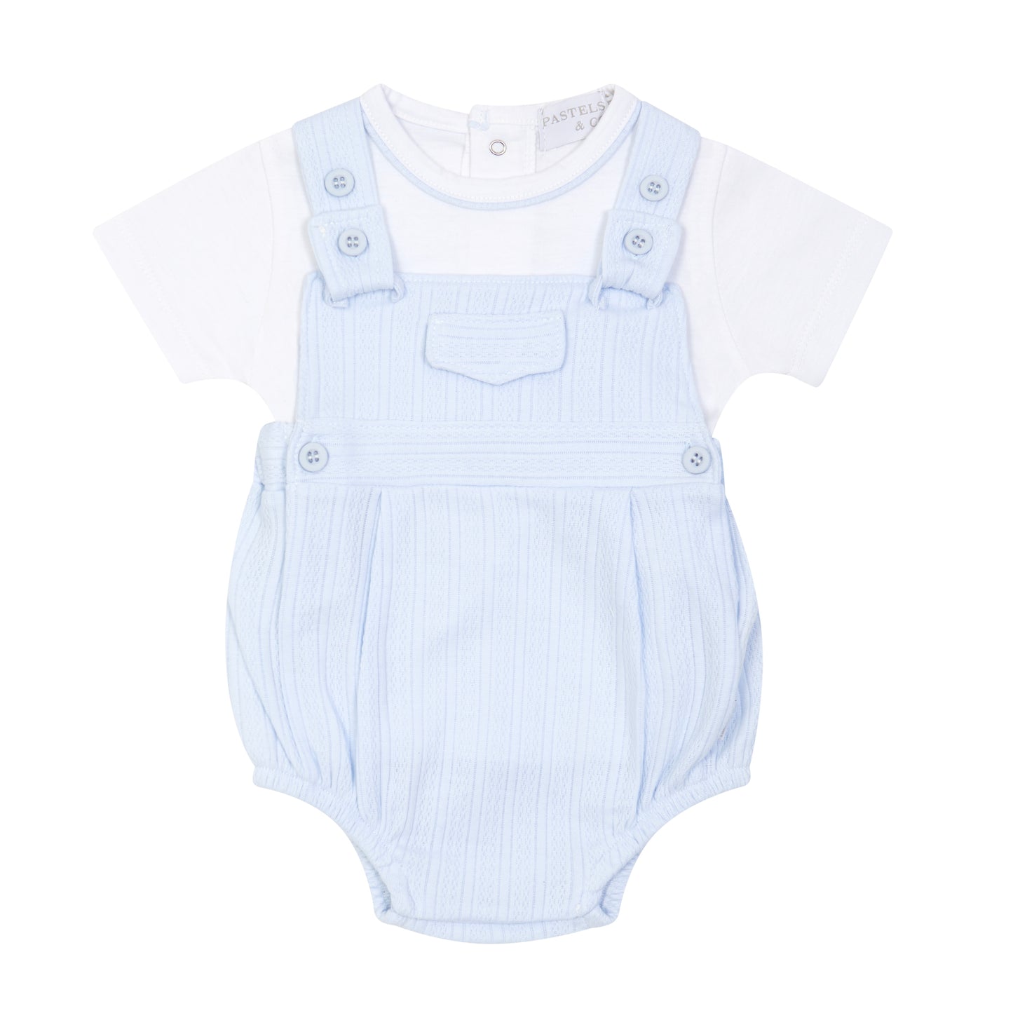 Baby boys pale blue cotton romper with built in white cotton t shirt 