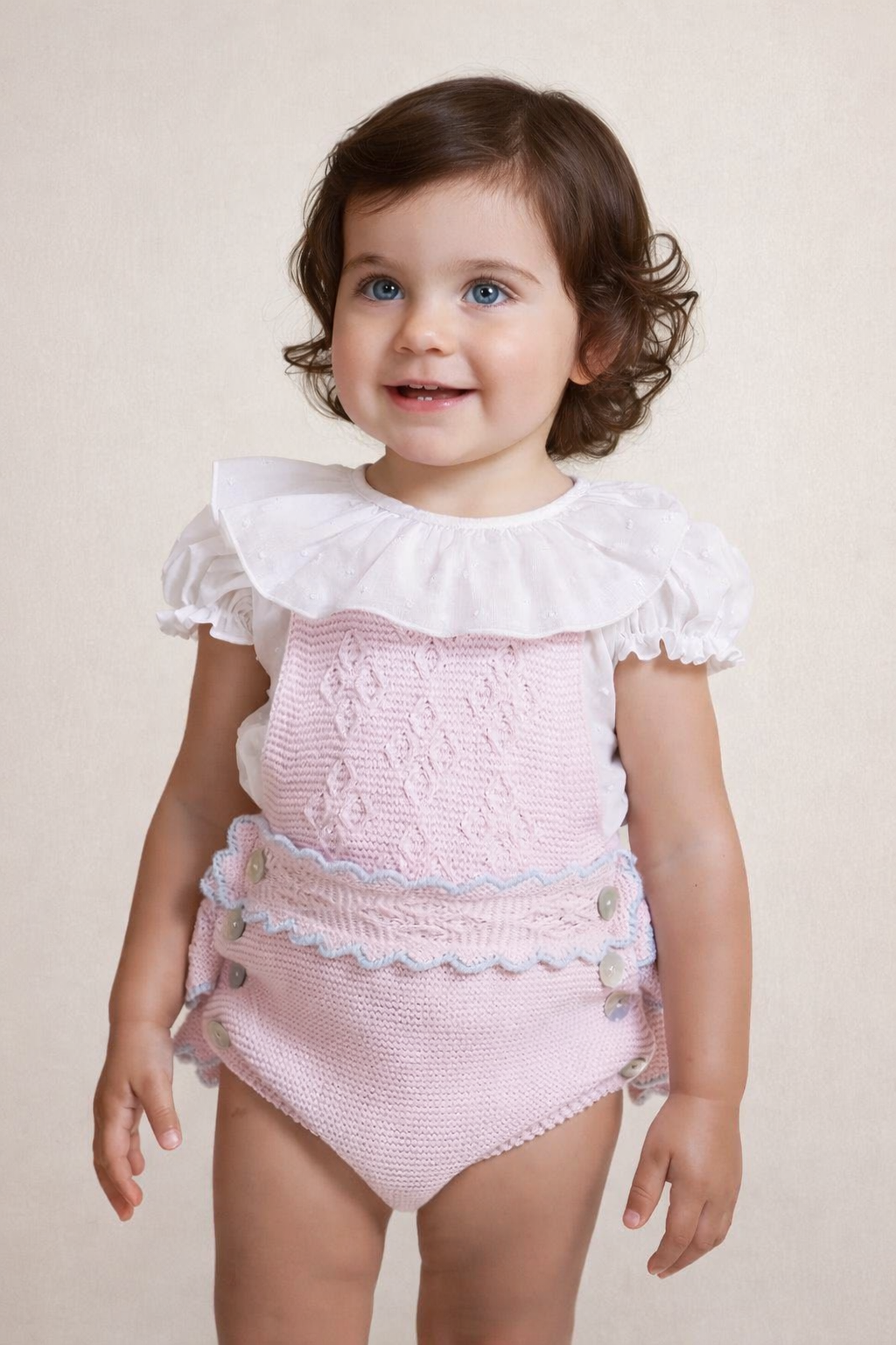 Rahigo SS26 girls baby pink and blue fine but romper and white frill collared blouse 