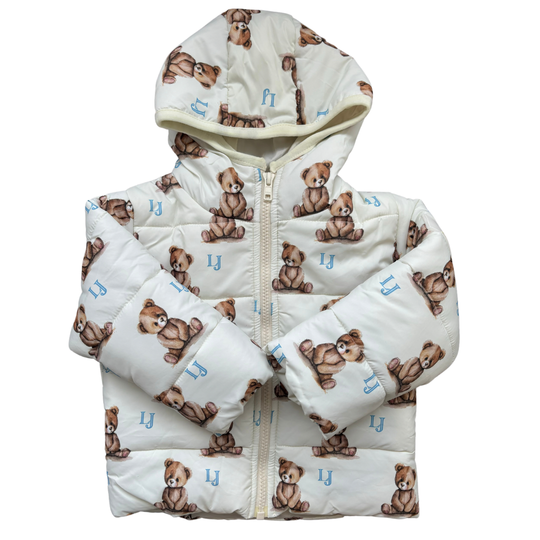 Kids cream padded winter coat with Teddy bear print - Adora Childrenswear