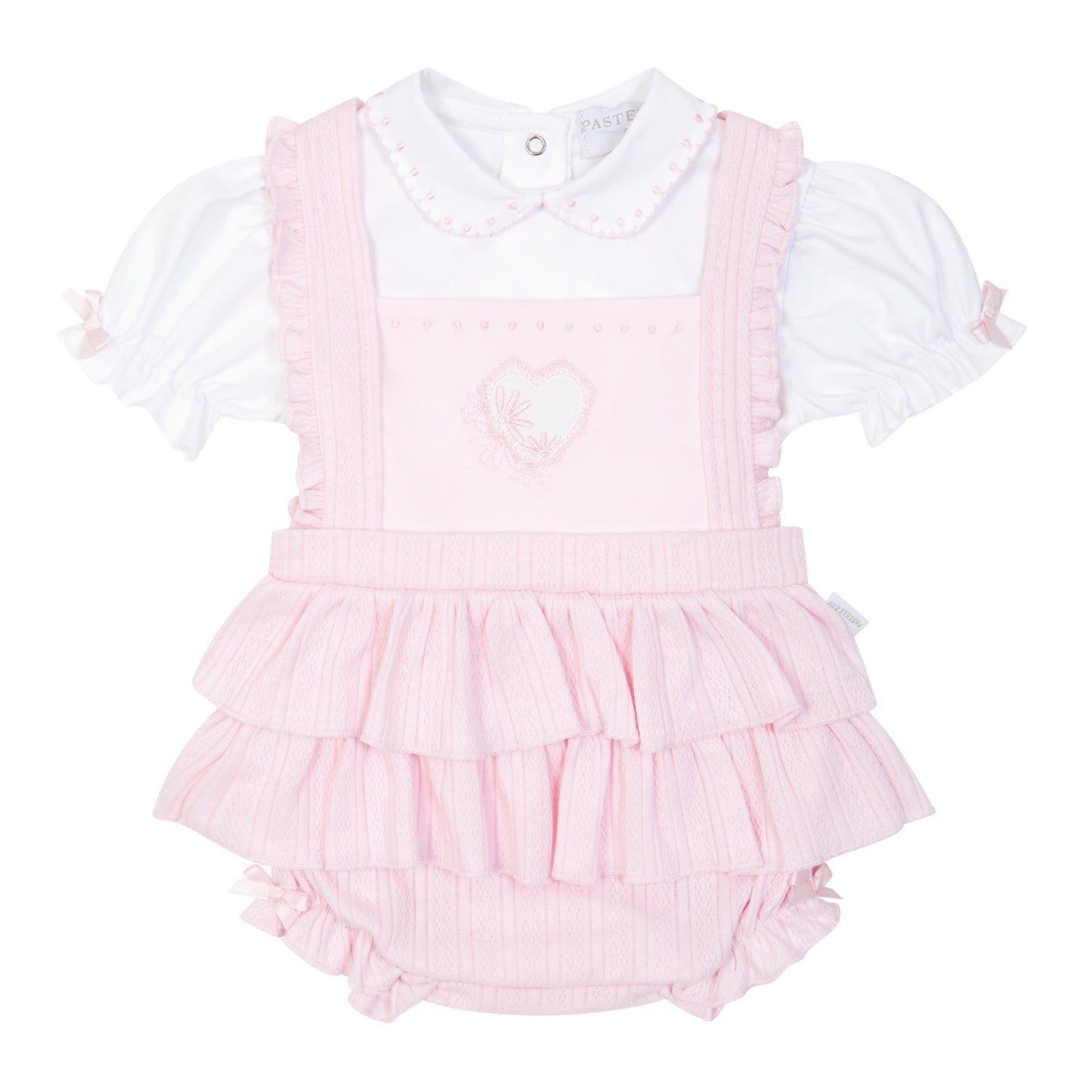Baby girls pale pink ruffle romper with white cotton blouse by Pastels & Co 