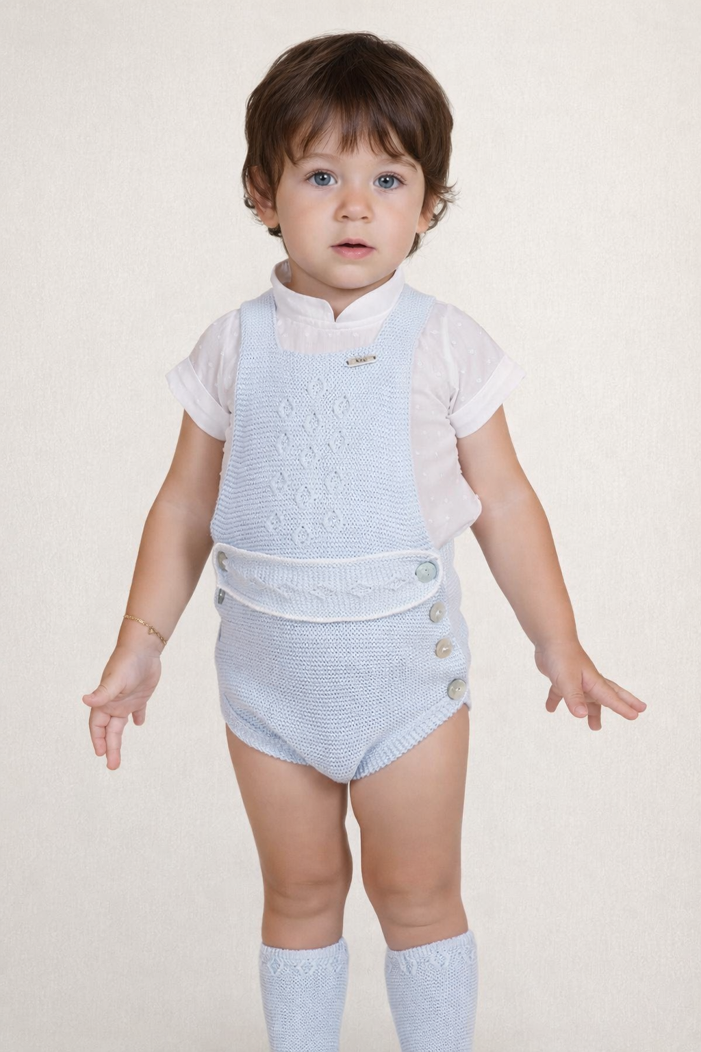 Rahigo SS26 boys baby blue and white romper with white cotton shirt 