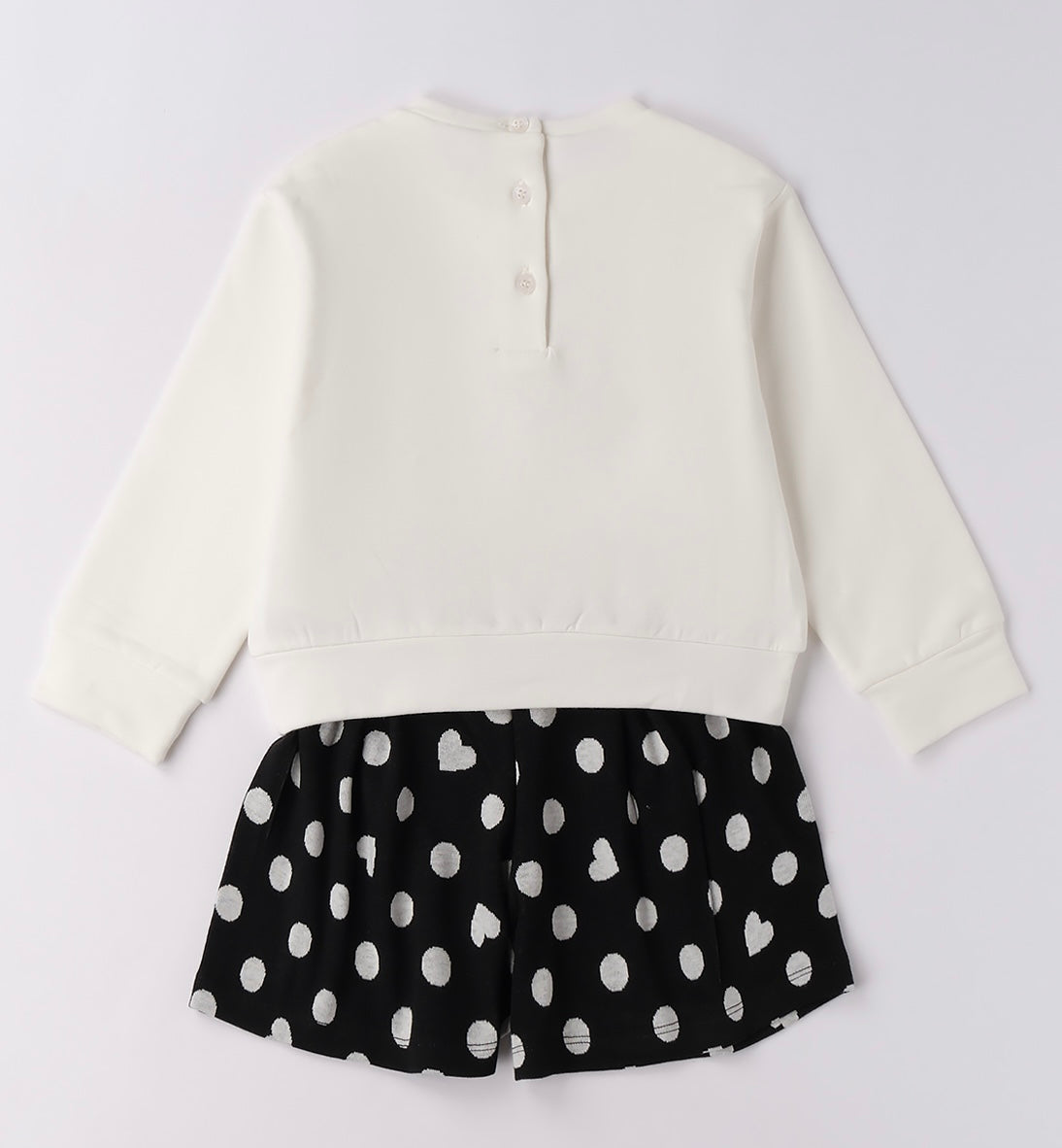 Girls black spotty shorts and ivory sweater with black sporty teddy bear detail