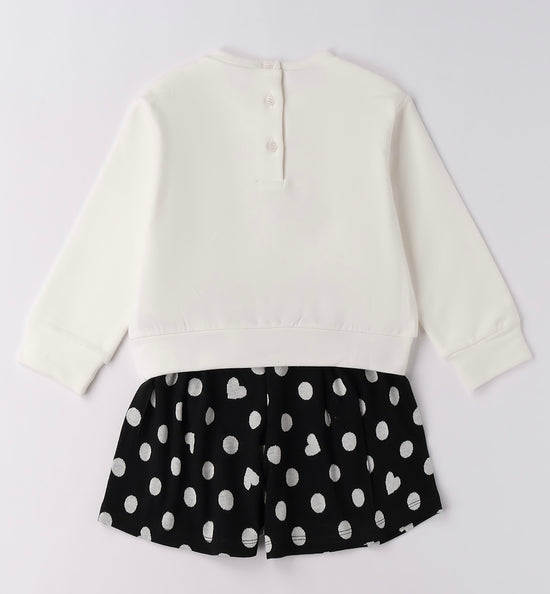 Girls black spotty shorts and ivory sweater with black sporty teddy bear detail