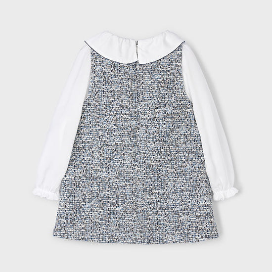 Mayoral girls navy tweed pinafore dress with large collared white blouse 