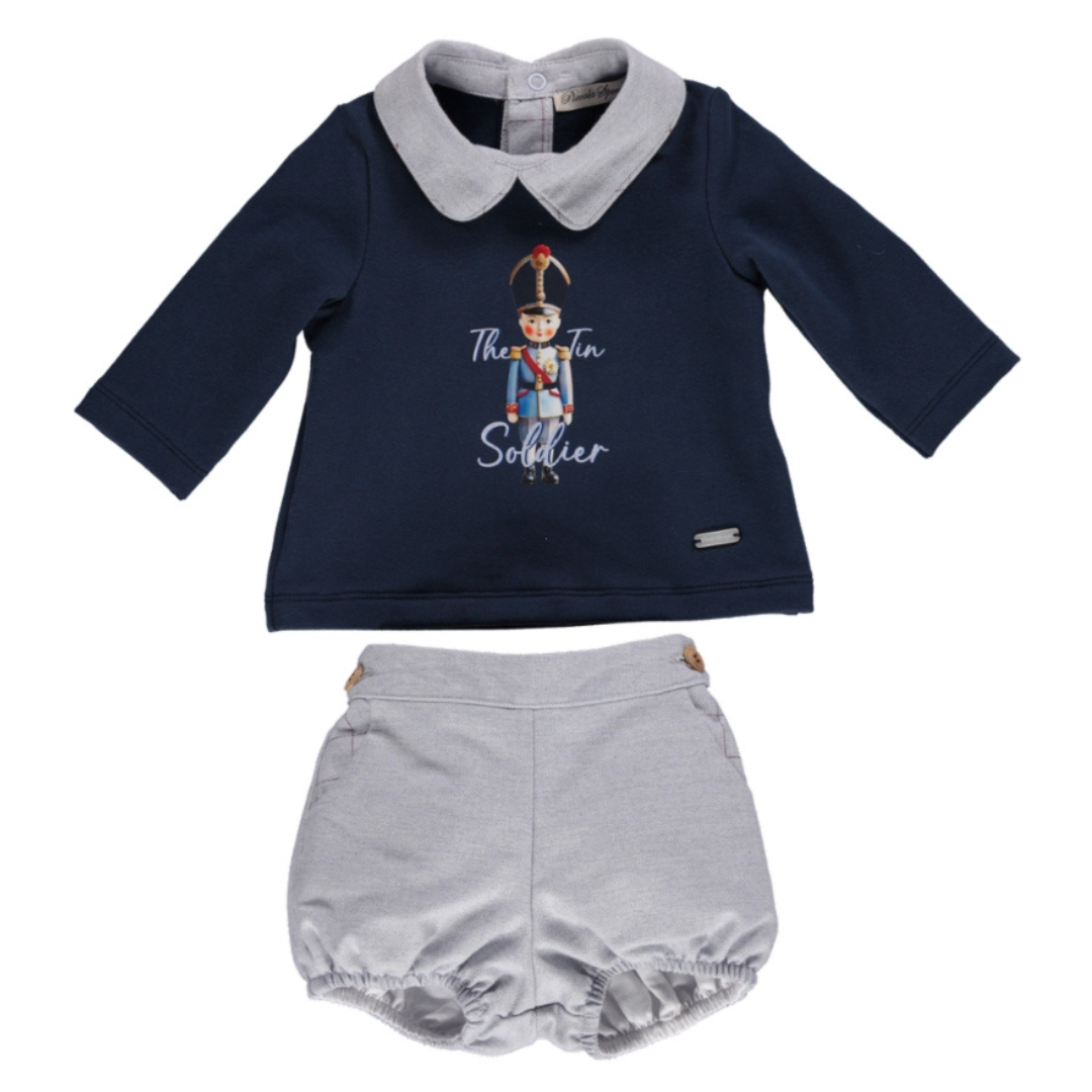 Piccola Speranza boys toy soldier navy jumper and very pale blue shorts - Adora Childrenswear 