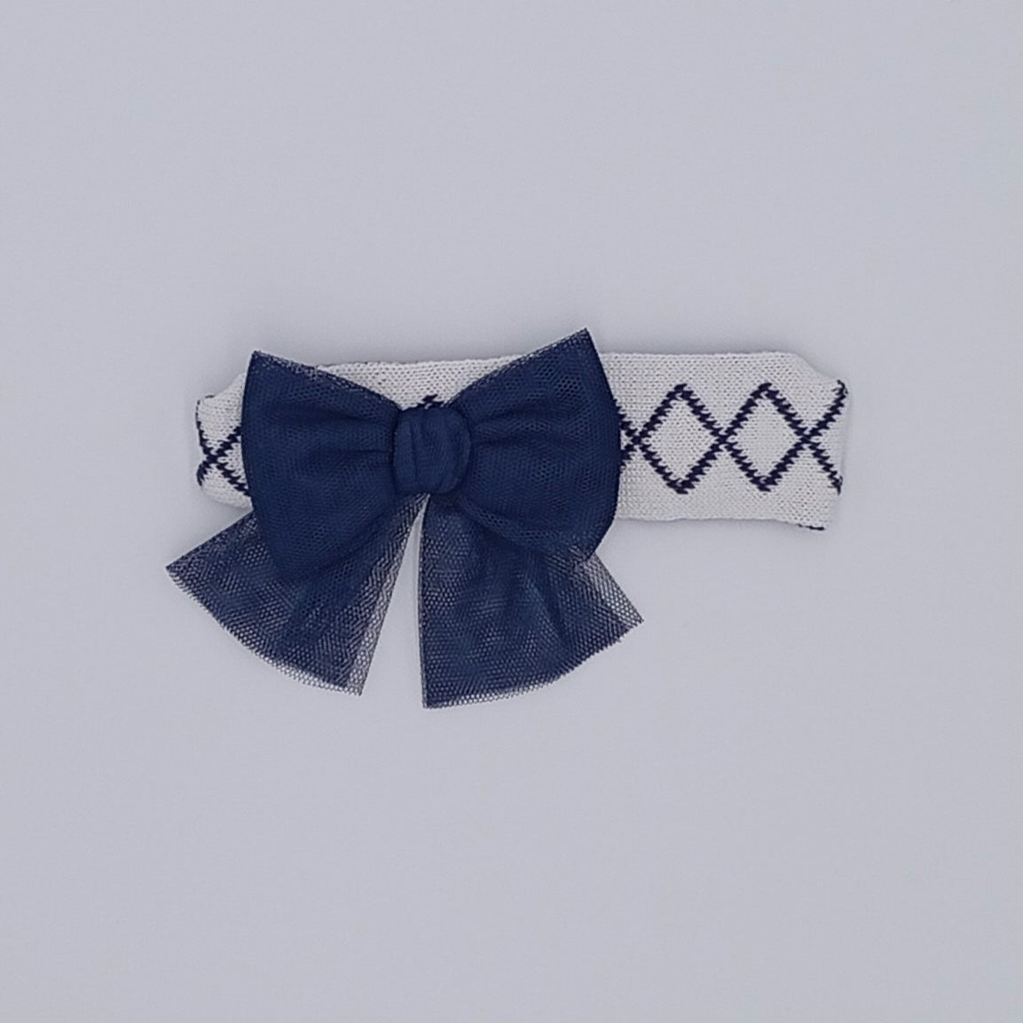 Rahigo SS26 white and navy check headband with navy tulle bow 