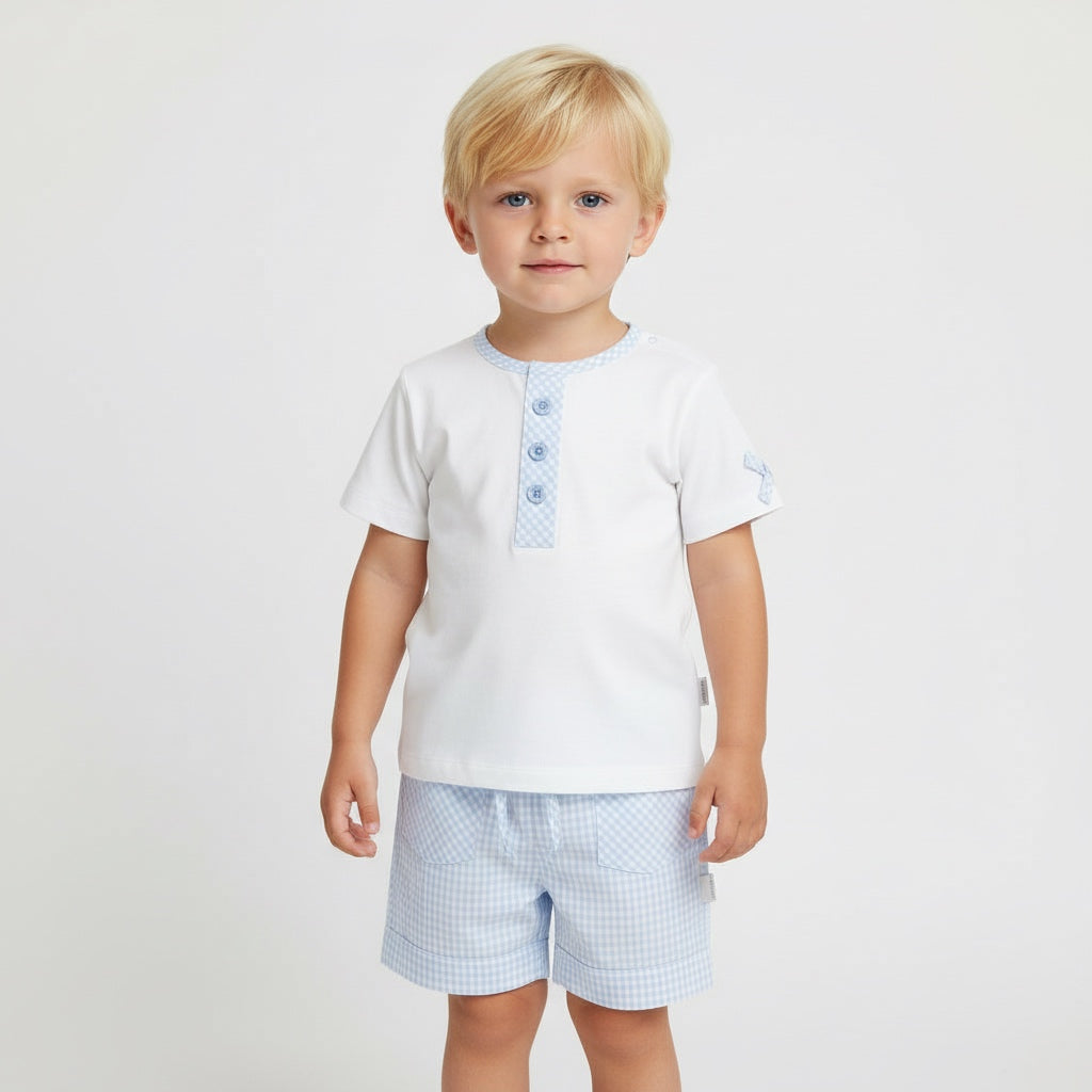 Pastels & Co boys pale blue and white gingham shorts set 