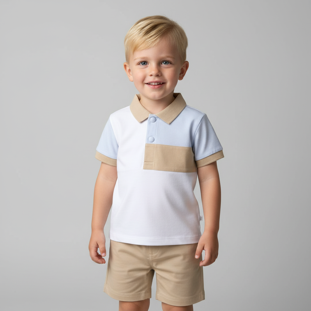 Deolinda boys beige, pale blue and white polo top and shorts set 
