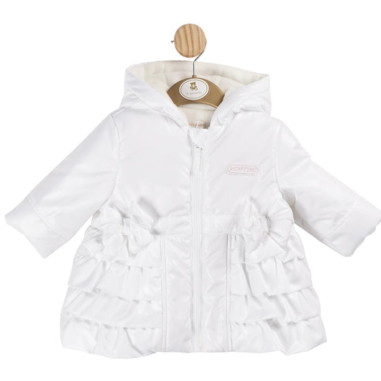 Girls white Winter coat with ruffles and hood by Mintini - Adora Childrenswear 