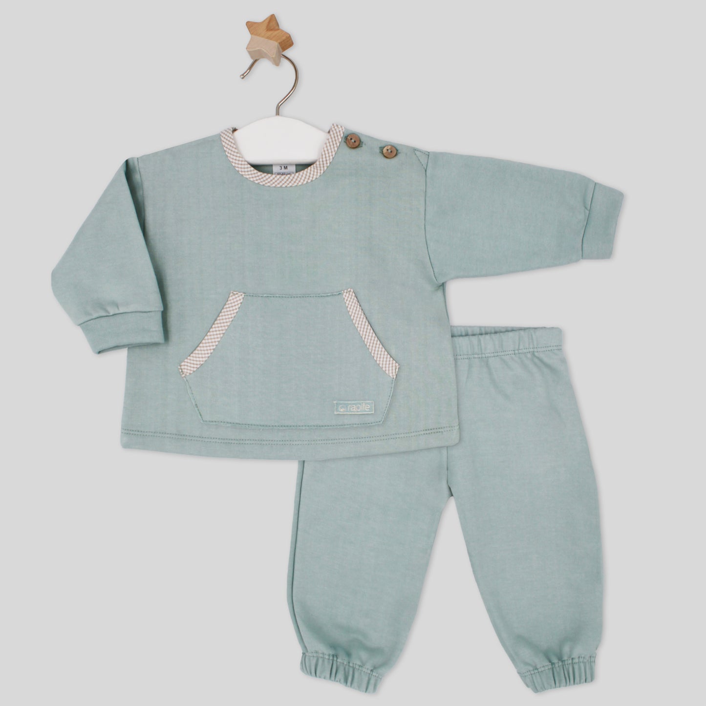 Rapife boys green jogging suit with neutral gingham piping 