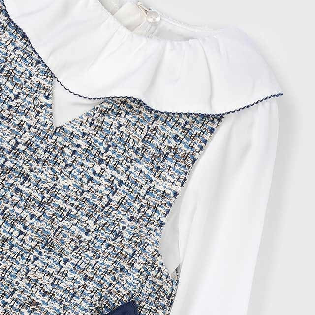 Mayoral girls navy tweed pinafore dress with large collared white blouse 