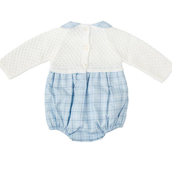 Babidu baby boys ivory and blue check romper with matching ivory hat 