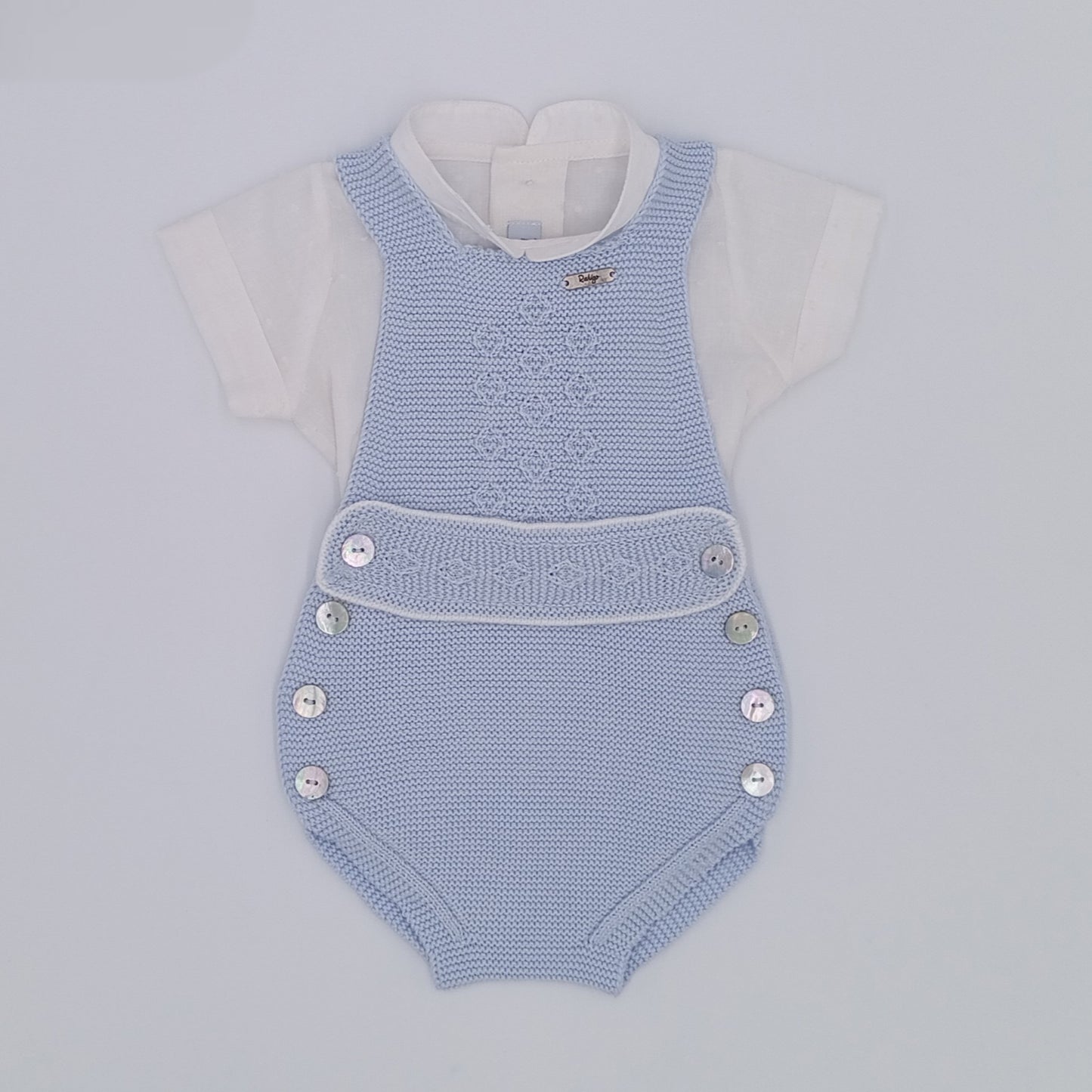 Rahigo SS26 boys baby blue and white romper with white cotton shirt 