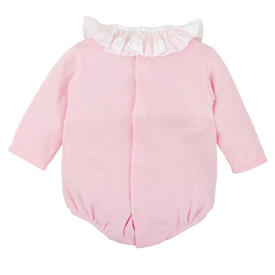 Babidu baby girls pink cotton romper with smocked detailing on chest and collar 