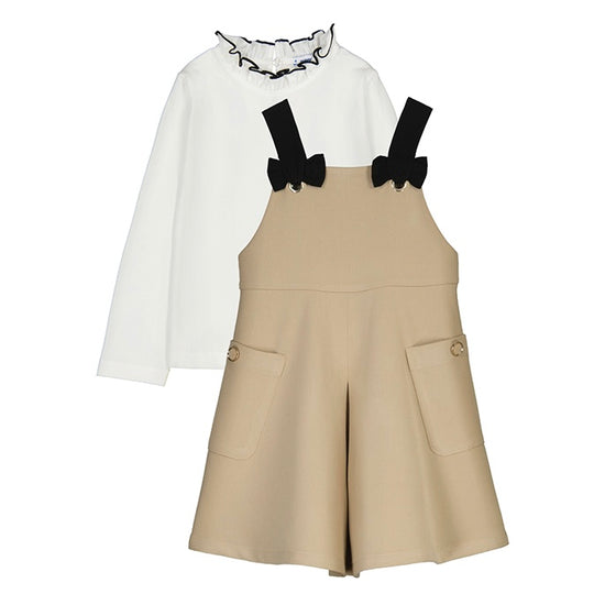 Mayoral girls beige pinafore dress and cream ruffle neck blouse 