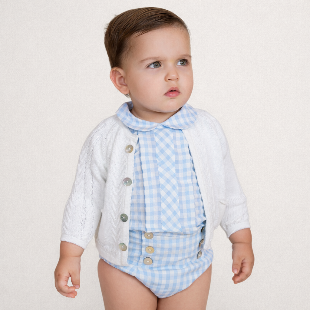 Rahigo SS26 boys baby blue and white gingham jam pants and top with white knitted cardigan 