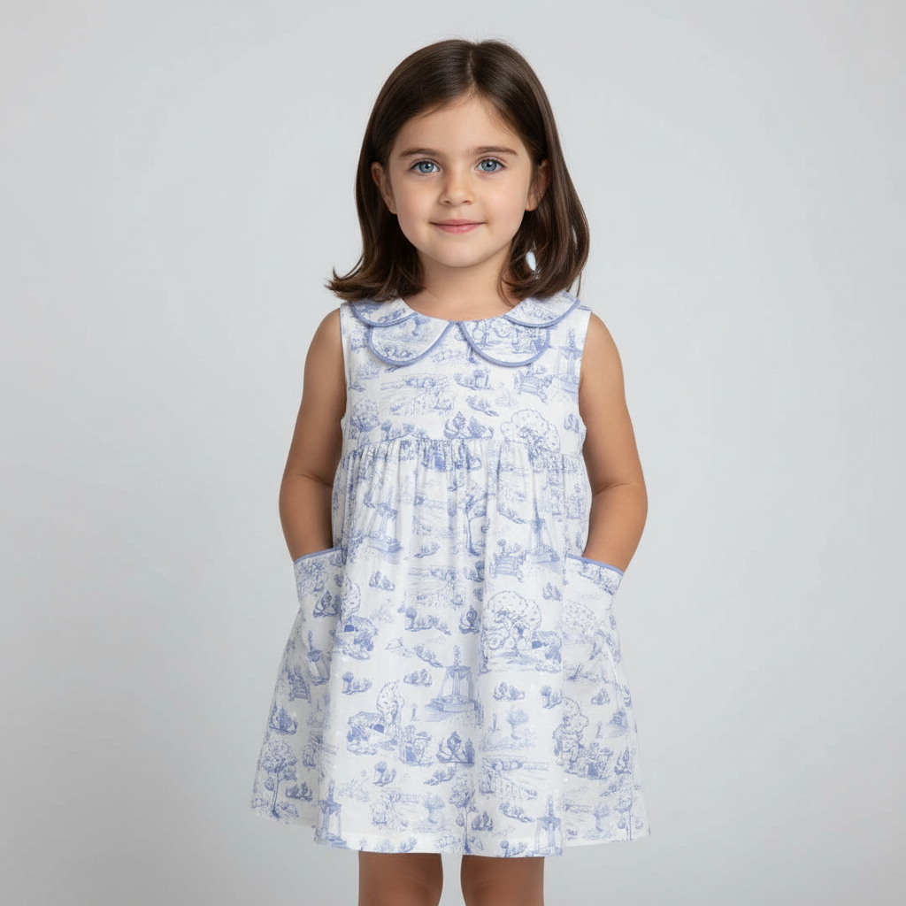 Deolinda girls blue toile print dress with pockets and scalloped collar