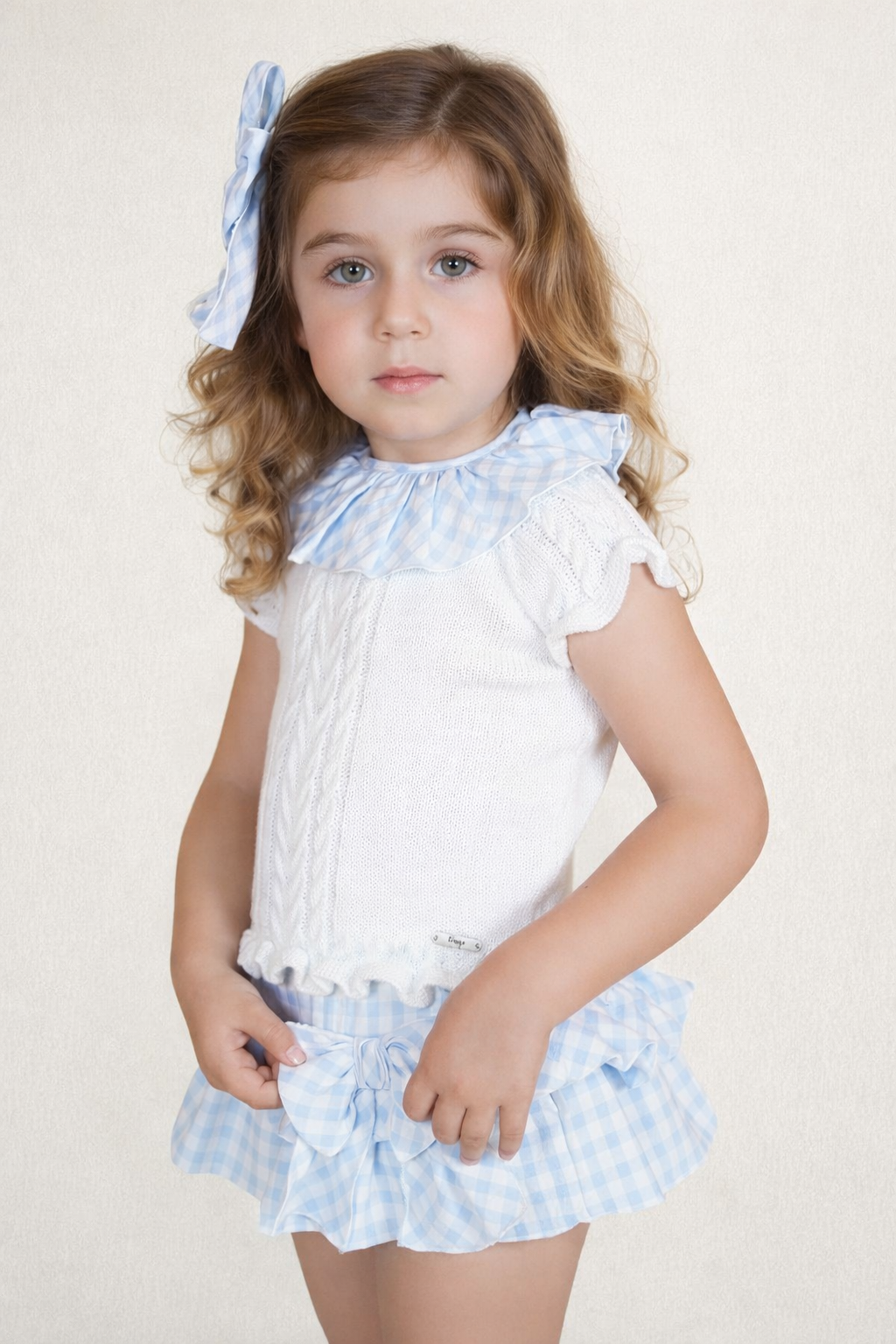 Rahigo SS26 girls white and baby blue gingham jam pants set 