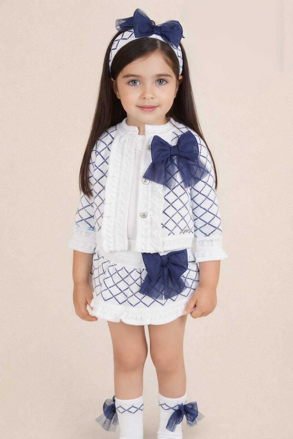 Rahigo SS26 girls white and navy check jam pants and cardigan and white cotton blouse 